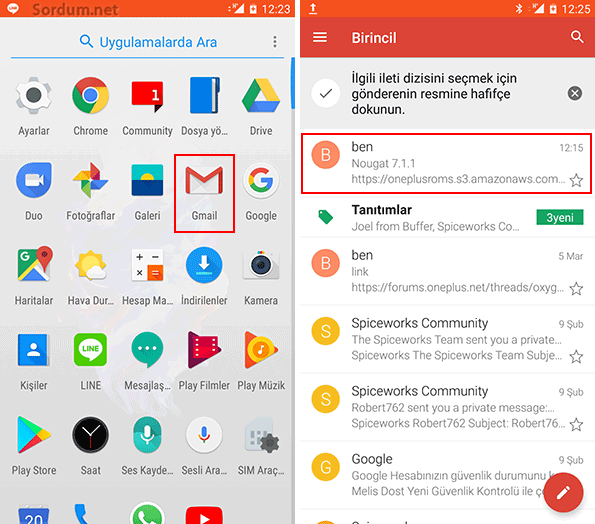 Android telefonda email kontrolü