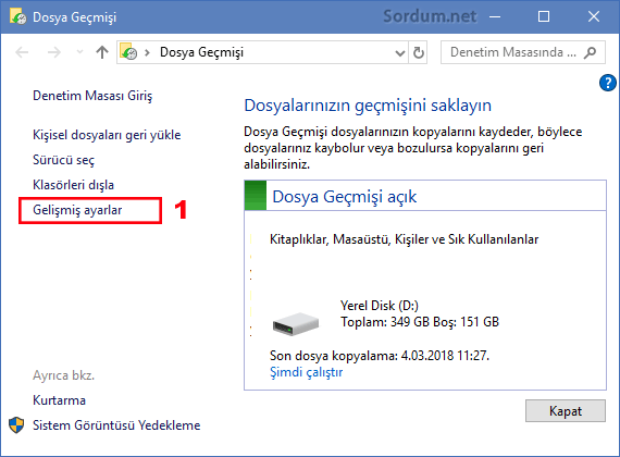 Dosya geçmişi ayarları