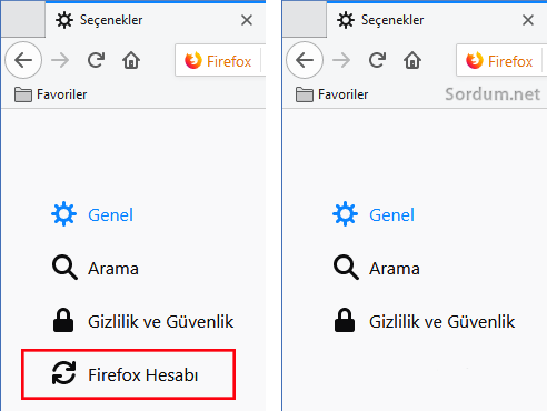 firefox seçeneklerde sync yok