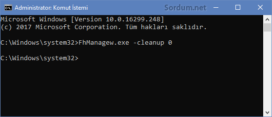 Komut istemi ile dosya geçmişi temizliği