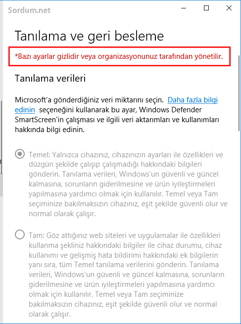 Tanılama ve geribeslemede bu ayarlar gizlidir ibaresi