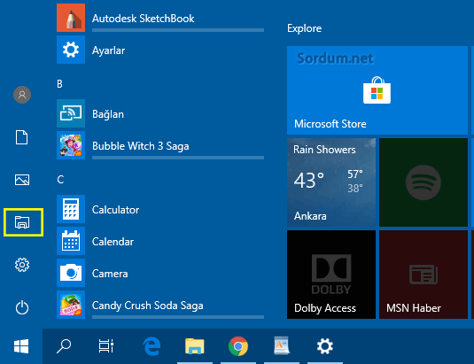 Windows 10 da başlata dosya gezgini ilavesi