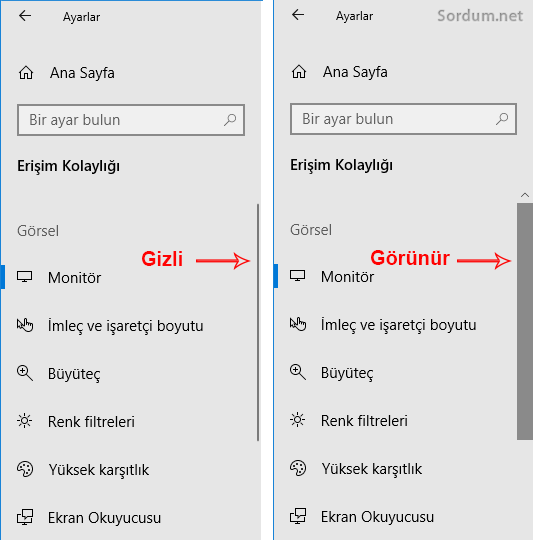 Kaydırma çubuğu gizli veya görünür