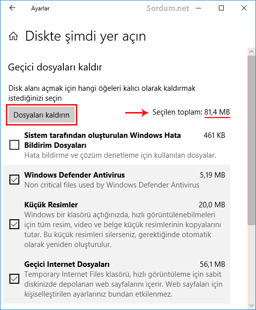 Windows 10 da Diskte şimdi yer açın