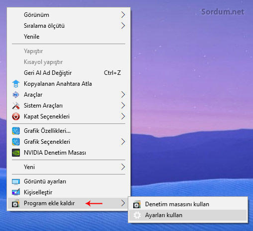 Sağtuşa program ekle kaldır