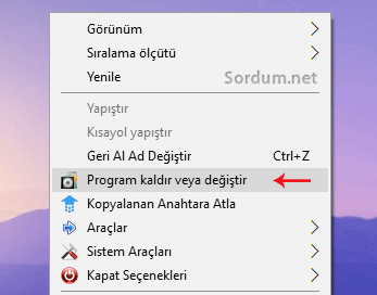Sağtuşa Program kaldır değiştir ekleyelim