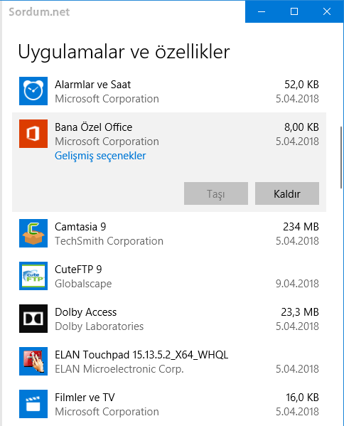 Windows 10 uygulama ve özellikler