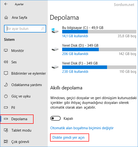 Windows 10 depolama alan temizliği
