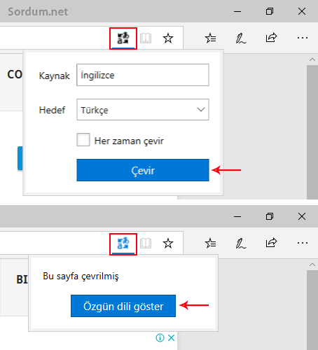 Microsoft Edge de sayfayı çevirmek