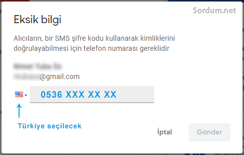 Gmail güvenli mod SMS seçeneği