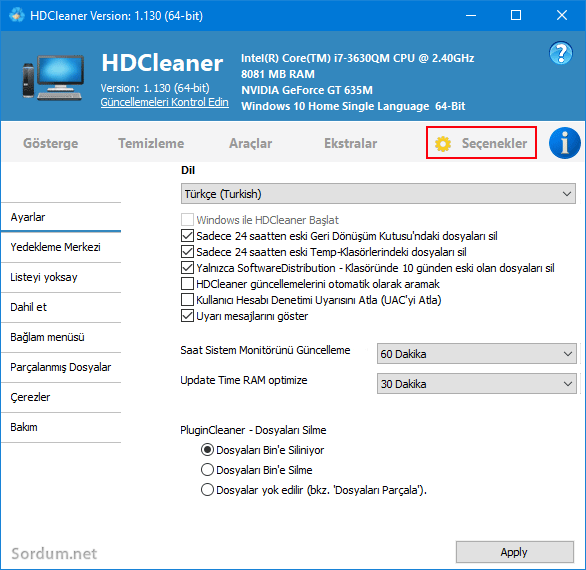 HDcleaner seçenekler