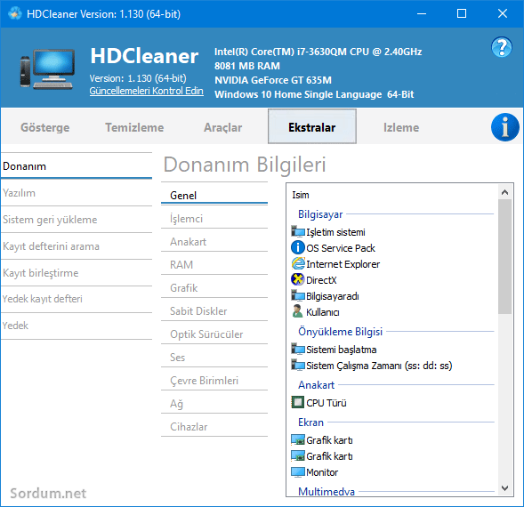 HD cleaner ile sistem bilgisi