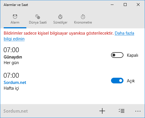Windows 10 yeni alarm