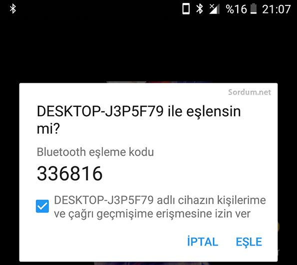 Ceptelefonuna gelen eşleşme kodu