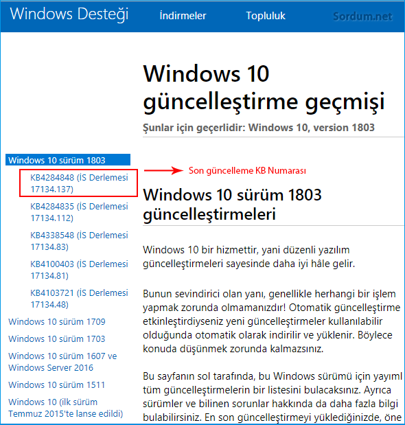 Son güncellemenin Kb numarası nedir