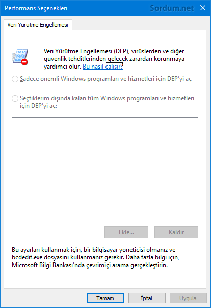 Veri yürütme engellemesi kapalı
