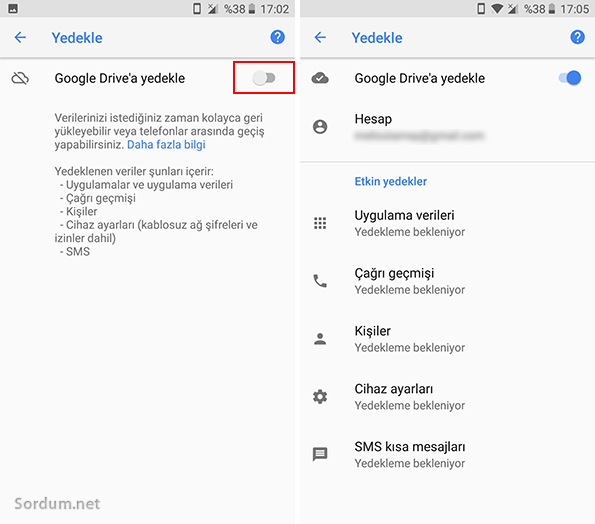 Android Google drive yedeklenmesin