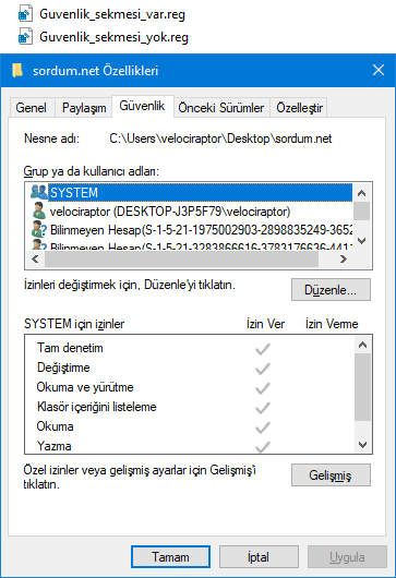 Klasör güvenlik sekmesi