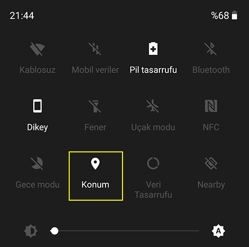 Kolay erişim menüsünde konum