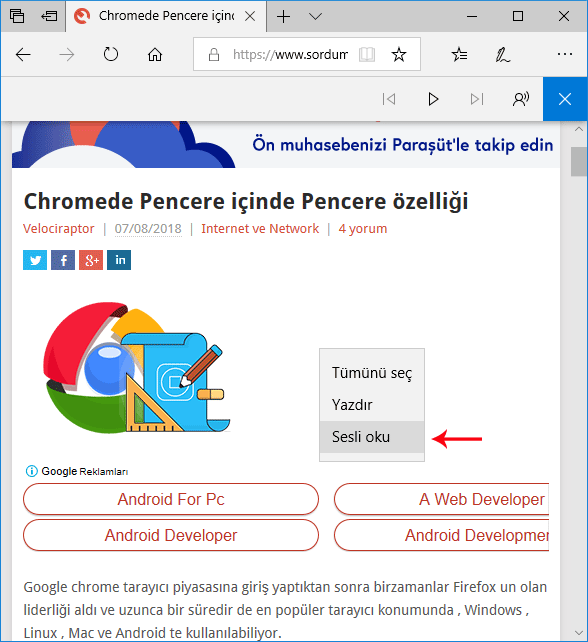 Edge sağ tık sesli oku