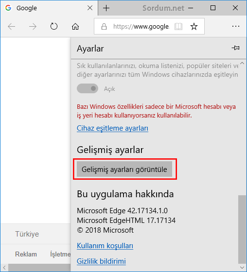 EDGE gelişmiş ayarlar