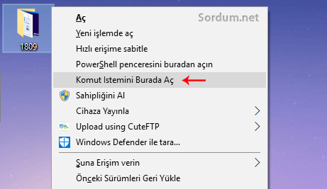 Shift ile komut istemini burada aç