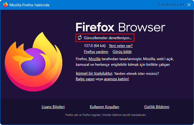 Firefox güncellemeler denetleniyor