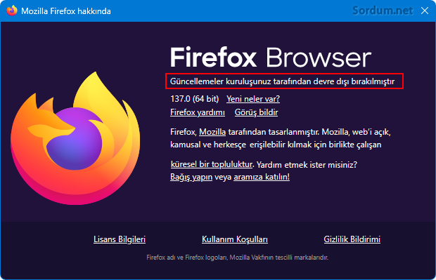 Firefox güncellemeleri devre dışı