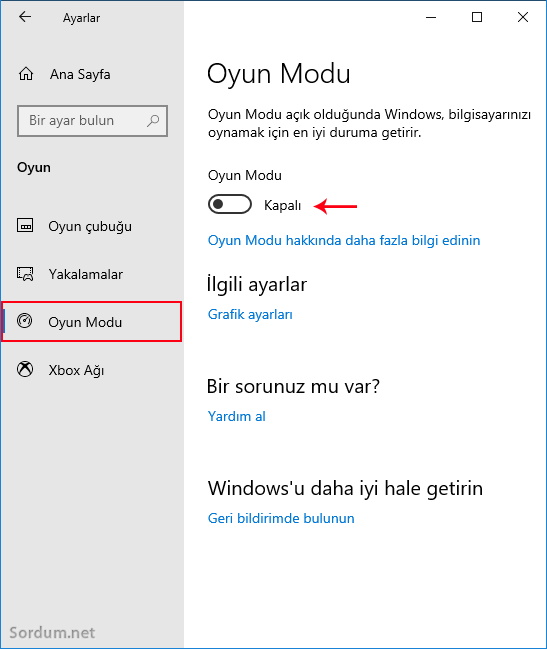Oyun modunu kapatmak