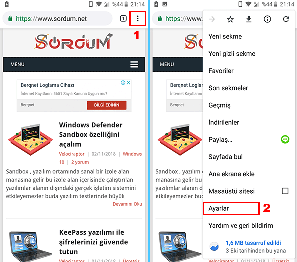 Android chromede ayarlar