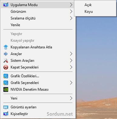 Sağ tuş ile koyu tema