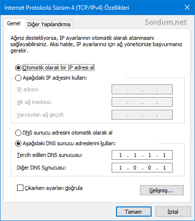 tcp/ip özellikleri penceresi