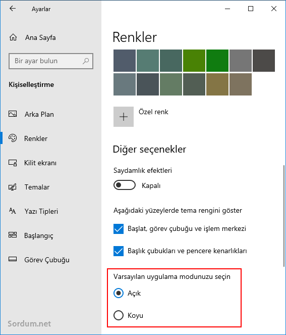 Windows 10 açık tema