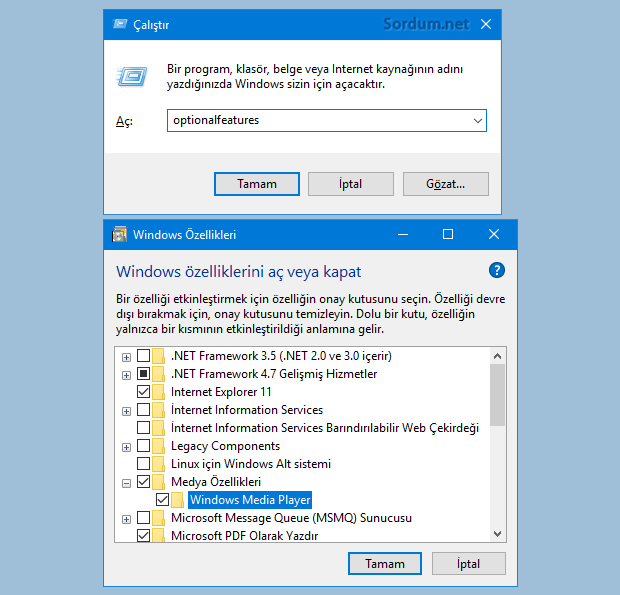 Windows özellikleri penceresi