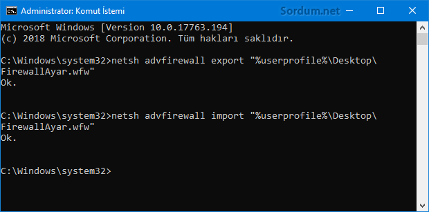 Komut istemi ile güvenlik duvarı ayarlarını yedekleyelim