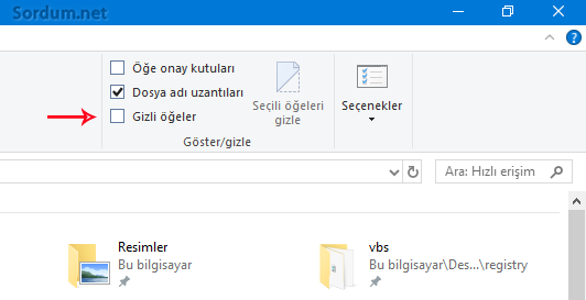 Dosya gezginindeki gizli öğeler