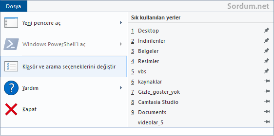 Klasör ve arama seçeneklerini değiştir