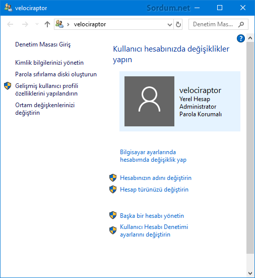 Kullanıcı hesabında değişklik yapın ekranı