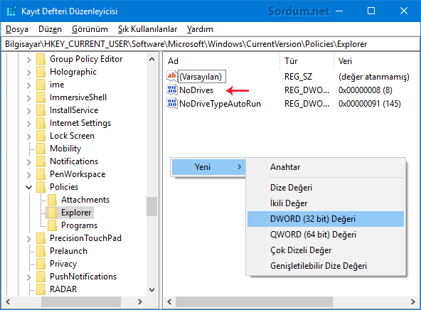 NoDrives registry kaydı