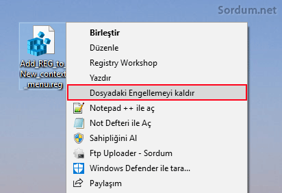 Sağ tuş ile dosya engelini kaldır