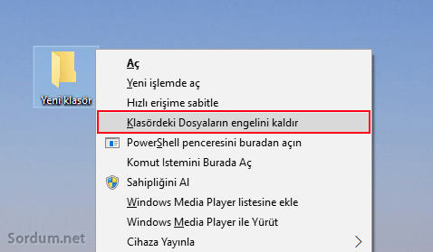 Sağ tuş ile klasördeki dosyaların engelini kaldır
