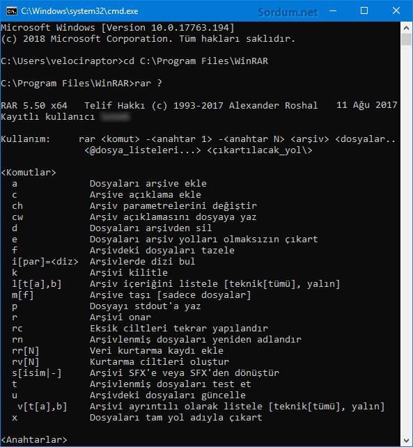 Winrar Cmd komutları