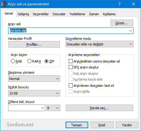 Winrar genel sekmesi