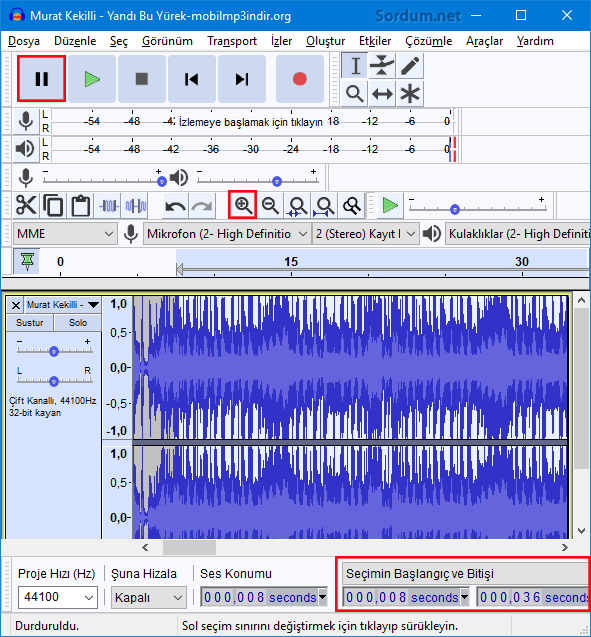 Audacity alan seçildi