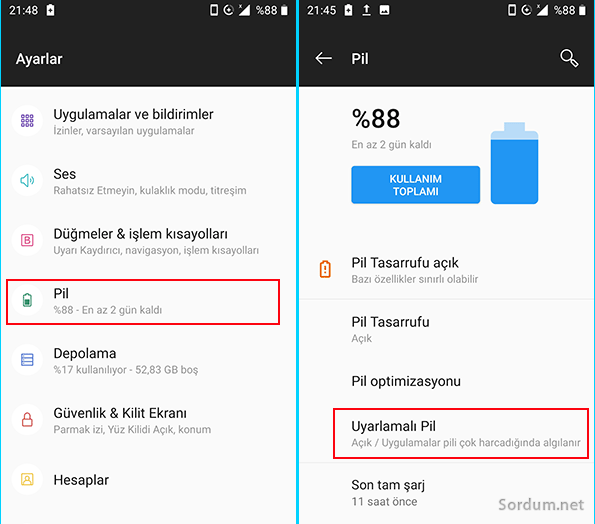 Ayarlar uyarlamalı pil