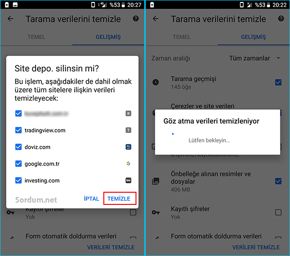 Chrome tüm önbellek verileri temizleniyor