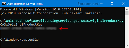 cmd komutu ile ürün anahtarını bulmak