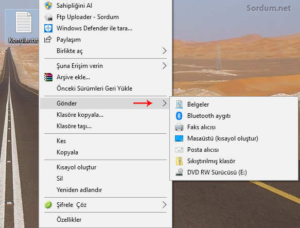 Gönder menüsü
