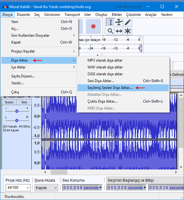Audacity seçilmiş sesleri dışa aktar