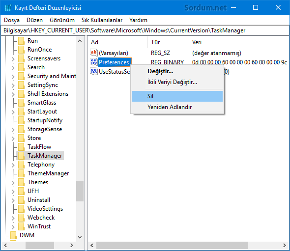 Görev yöneticisini sıfırlayan registry kaydı